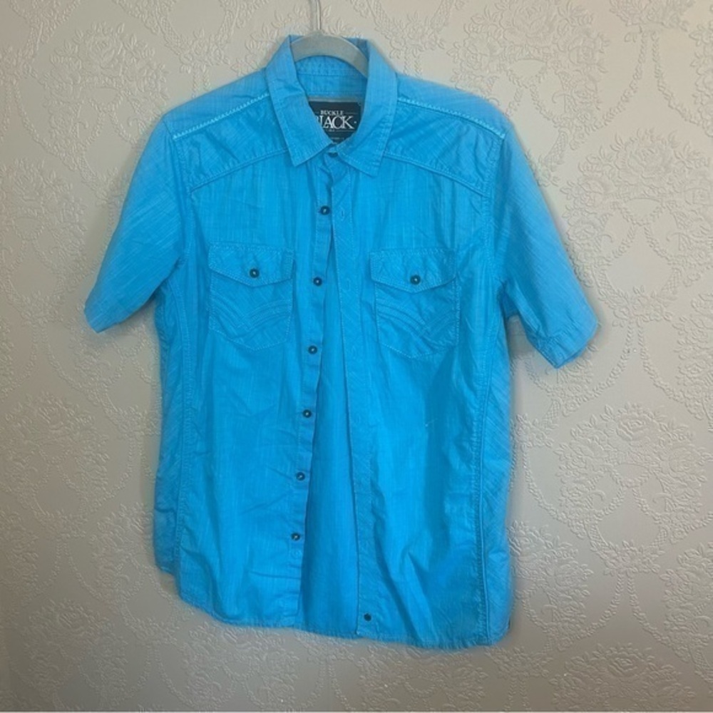 BKE black standard fit small short sleeve button down fun teal shirt